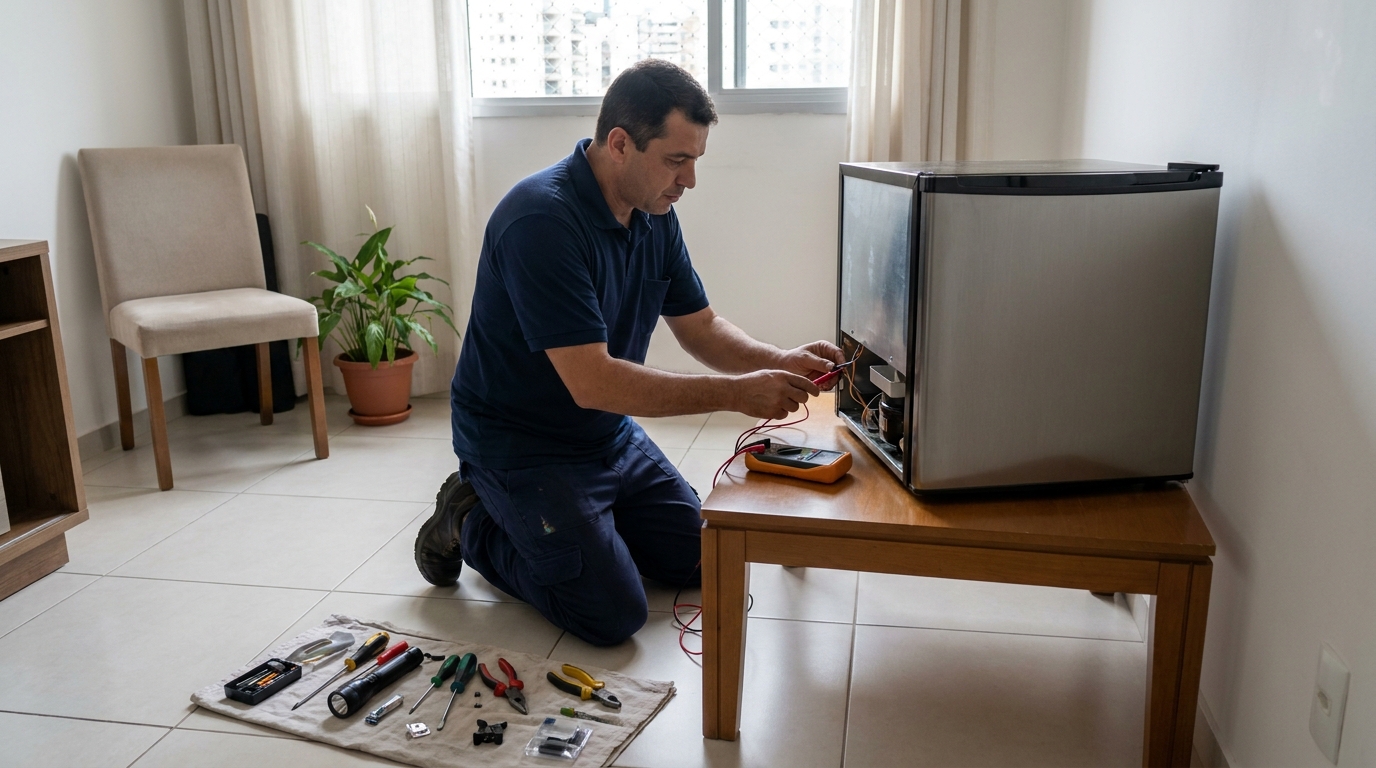 Técnico realizando manutenção de motor de frigobar em Ribeirão Preto‑SP