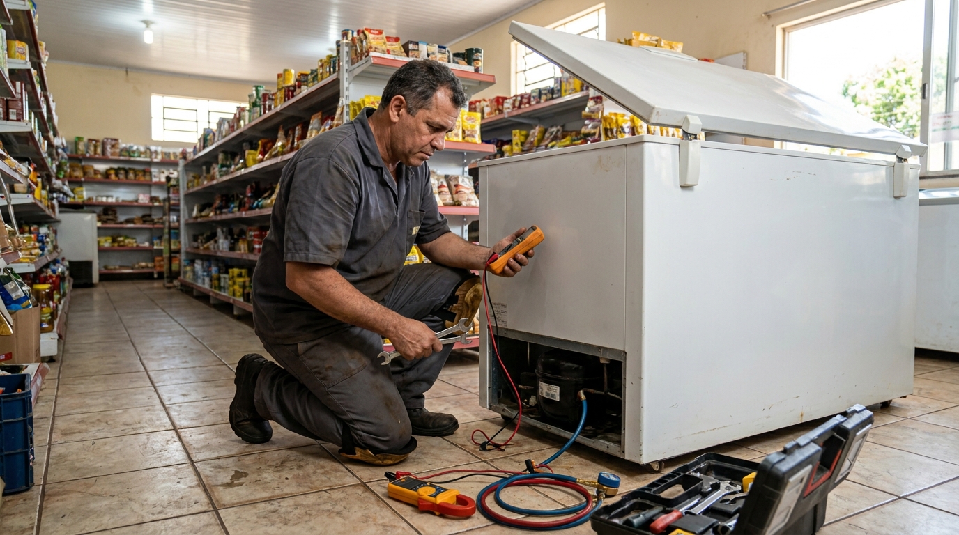 Troca de termostato de freezer em atendimento técnico em Ribeirão Preto‑SP